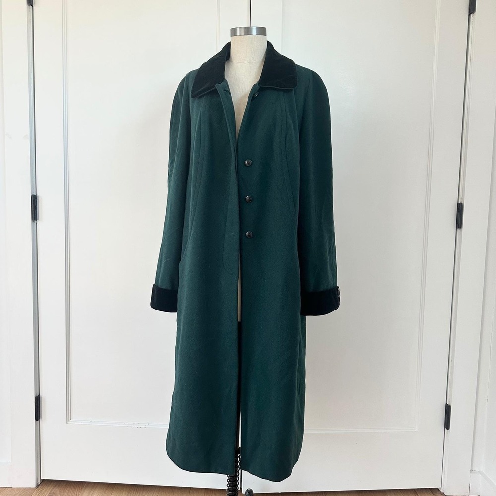 ALORNA Vintage Women's Dark Green Velvet Trim L XL Long Wool Blend Coat 90s‎